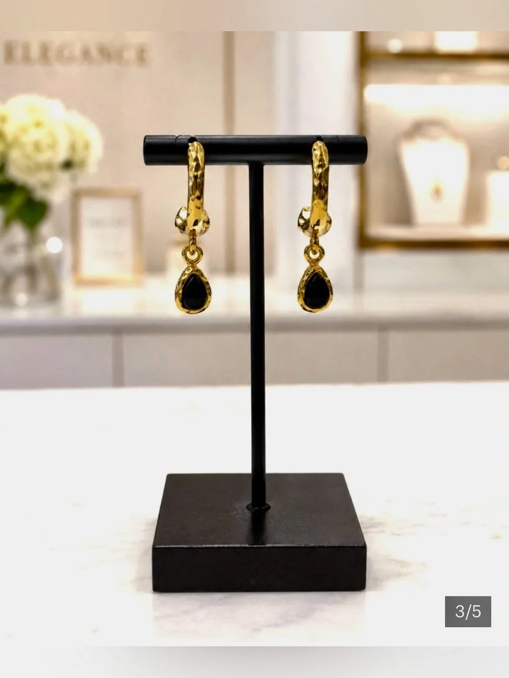 Gold Teardrop Black Stone Dangle Earrings - Elegant Women's Jewelry